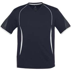A men's short sleeve tee in navy with white detailing and a logo on the front.