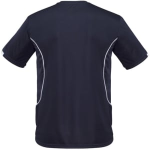 A dark blue short sleeve tee with white trim on the sides and a logo on the back.