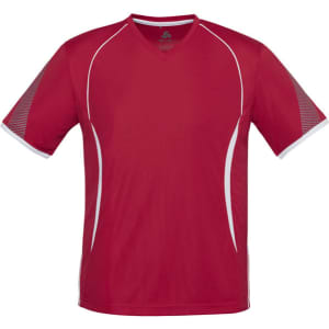 A red short sleeve tee featuring a v-neck and white accents, with a logo on the front.