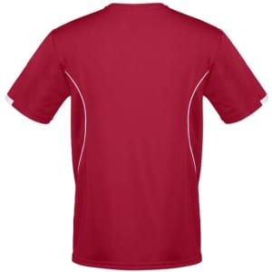 A red men's short sleeve tee with contrasting white detailing and a logo on the back.