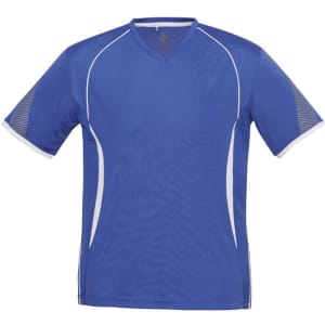 A blue short sleeve tee with a v-neck and white detailing, featuring a logo on the front.