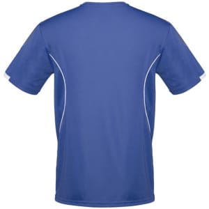 A blue short sleeve tee with contrasting white stitching and a logo on the back.