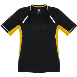 A short sleeve tee in black and yellow, featuring a sporty design and reflective accents, with a logo on the chest.