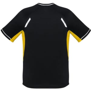 A black and yellow short sleeve tee with reflective accents and a logo.