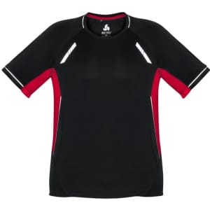 A black and red kids' short sleeve tee featuring contrasting sleeves and a logo. Ideal for active wear.