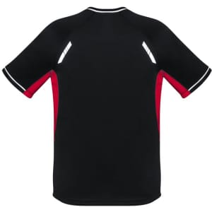 A short-sleeve tee in black with red accents and reflective details, featuring a logo on the design.