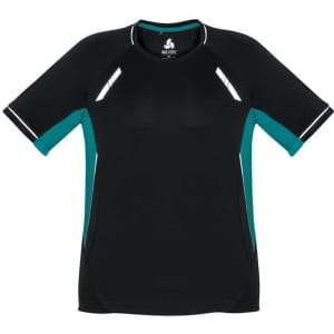 A short sleeve tee in black with teal accents and reflective detailing. It features a logo on the front.