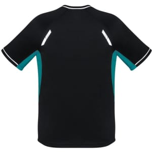 A black short sleeve tee with turquoise accents and reflective details on the shoulders, featuring a logo.
