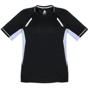 A black short sleeve tee with light blue accents and a logo. Suitable for kids, featuring a sporty design.