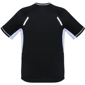 A black short sleeve tee for kids with light blue accents and reflective details. Features a logo on the back.