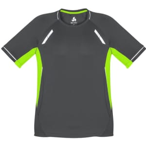 A short sleeve tee in grey with bright green detailing and reflective accents, featuring a logo.