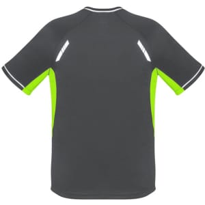 A short sleeve T-shirt in grey with bright green accents and reflective detailing on the back. It has a logo.