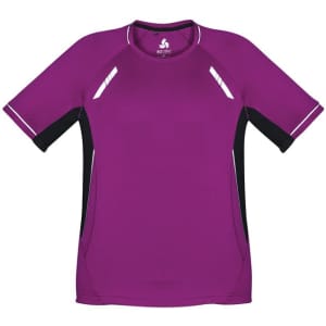 A short sleeve tee in vibrant purple with black side panels and a logo. Perfect for active kids.
