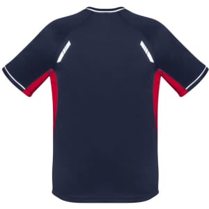 A navy blue short sleeve tee with red accents and reflective details on the shoulders. It features a logo.