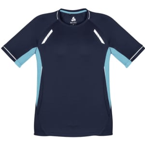 A short sleeve tee in navy and light blue with contrasting shoulder panels and a logo.