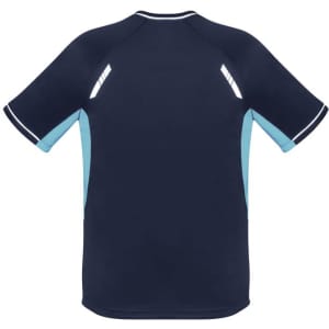 A navy blue short sleeve tee with light blue accents and reflective details, featuring a logo on the back.