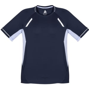 A navy blue short sleeve tee with grey accents and a logo on the front.