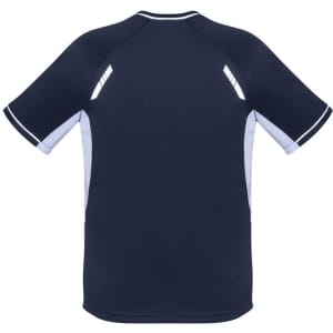 A dark navy short sleeve tee with light blue accents and reflective detailing on the shoulders. It features a logo.