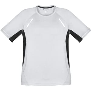 A short sleeve tee in light grey with black accents and reflective details, featuring a logo on the front.