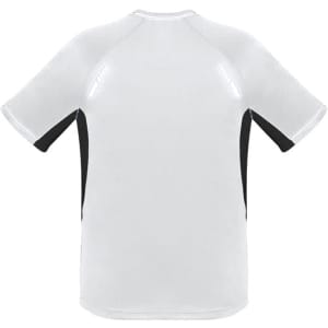 A short sleeve tee in white with black side panels, featuring a logo on the back.