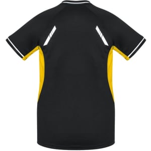 A women's short sleeve tee in black with yellow accents and a logo. Features a sleek design with contrasting colours.