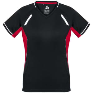 A black and red short sleeve tee with a v-neck and contrasting side panels, featuring a logo.