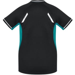 A black women's short sleeve tee with turquoise side panels and a logo.