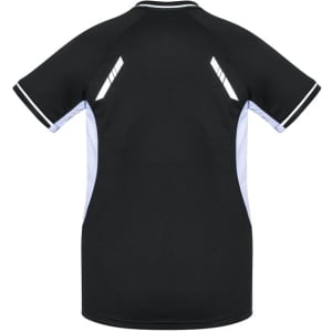 A black women's short sleeve tee featuring blue accents and a logo on the back.