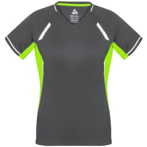 A women's short sleeve tee featuring a grey body with bright green accents and reflective stripes. It has a logo.