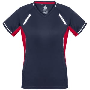 A navy and red women's short sleeve tee featuring a V-neck and reflective details, with a logo on the collar.