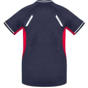 A short sleeve tee in navy with red accents and a branding logo on the back.