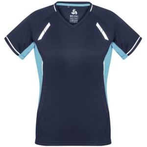 A women's short sleeve tee in navy blue with light blue accents and a logo.