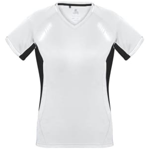A short sleeve women's tee in white with black sides, featuring a logo on the chest.