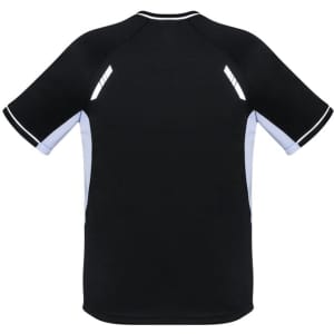 A black short sleeve tee with light blue accents and reflective details, featuring a logo.