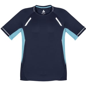 A navy blue short sleeve tee with light blue accents and reflective detailing. It features a branding logo.