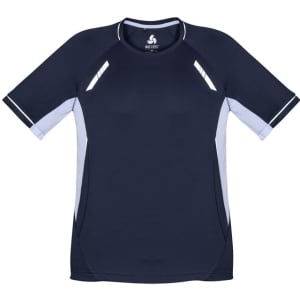 A navy blue short sleeve tee featuring contrasting light blue side panels and a logo on the neckline.