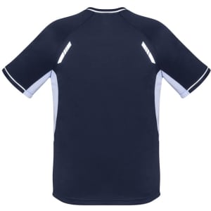 A navy blue short sleeve tee with contrasting light blue details and reflective accents. Features branding.