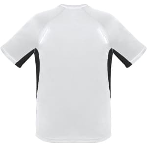 A short sleeve tee featuring a white body with black accents and a logo on the back.