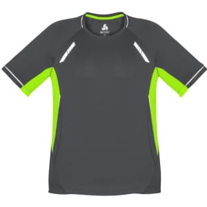 A short sleeve tee in charcoal grey with vibrant lime green accents and reflective detailing, featuring a logo.