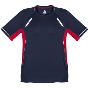 A men's short sleeve tee in navy with red accents and reflective detailing, featuring a logo.