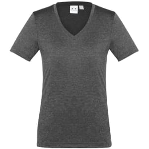 A women's short sleeve tee in dark grey, featuring a v-neck and a logo on the label.