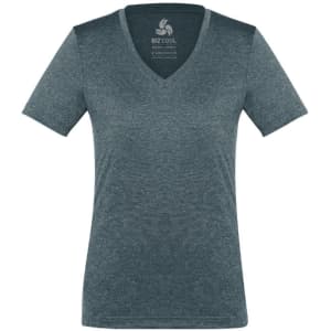 Women's short sleeve tee in a dark, heathered blue with a v-neck design and a logo on the inside.