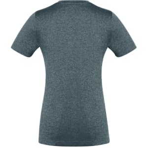 A teal women's short sleeve tee featuring a fitted design and a logo on the back.