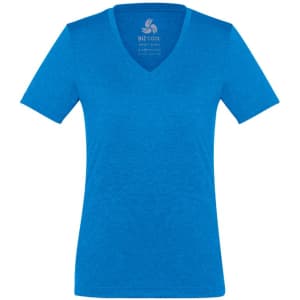 A blue women's short sleeve tee with a V-neck design and a small logo on the inside.
