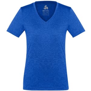 A blue women's short sleeve tee with a V-neck and a logo on the upper centre.