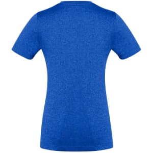 A blue women's short sleeve tee featuring a fitted design and a logo on the back.