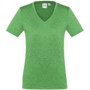 A green women's short sleeve tee featuring a V-neck design and a logo on the label.