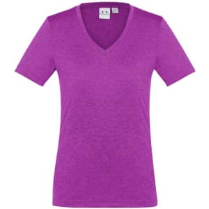 A purple women's short sleeve tee with a V-neck design and a logo on the label.