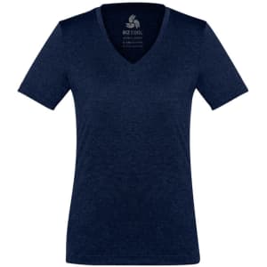 A navy short sleeve women's tee with a v-neck design and a logo at the top.