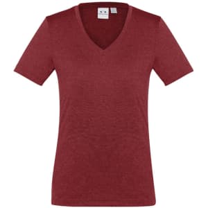 A maroon women's short sleeve tee with a V-neck design and a logo on the label.